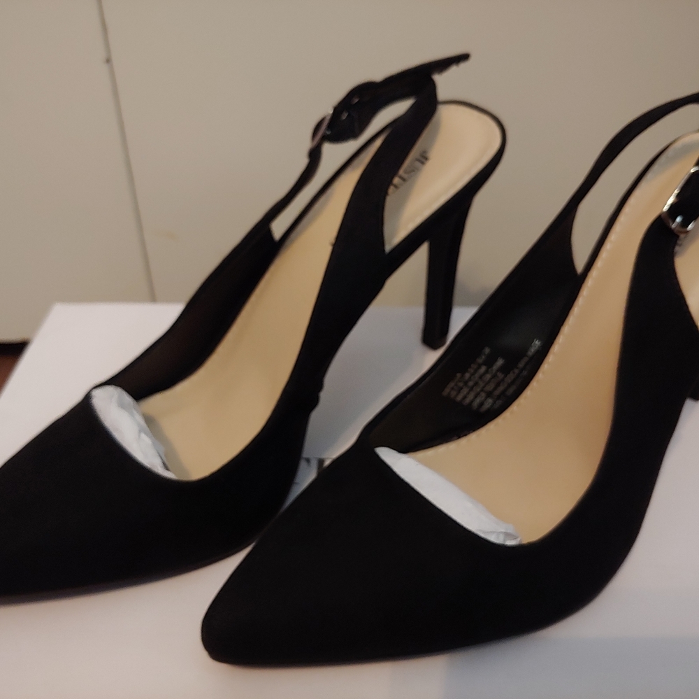 JustFab Estella black faux suede slingback heels, NIB, 7.5